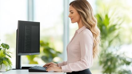 zamestnankyňa v office stojí pri ergonimicky nastaviteľnom stole s obrazovkou