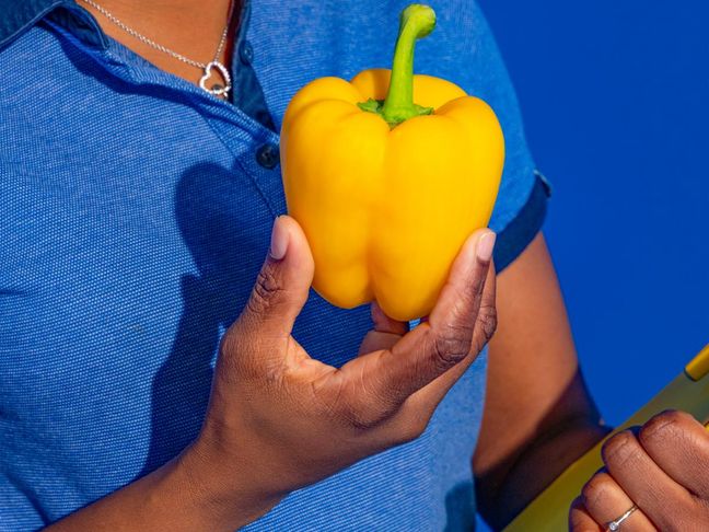 Eine Mitarbeiterin hält einen gelben Paprika in der Hand