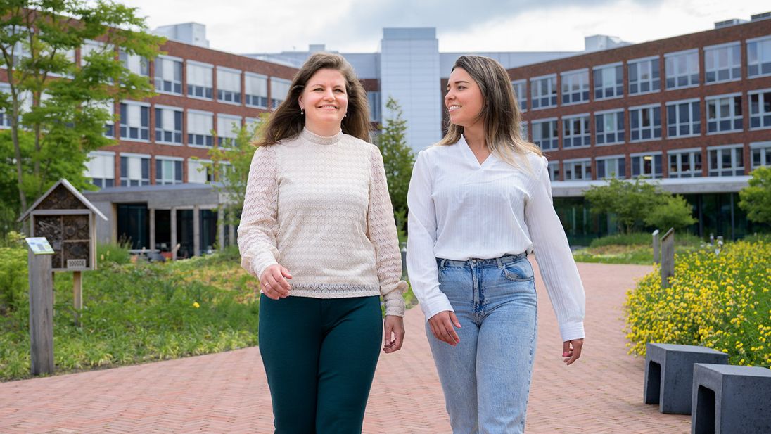 Finance collega's lopen in de Lidl campus tuin