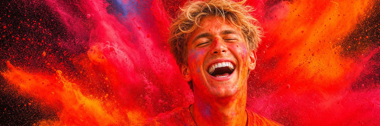 Ein junger Mann mit blonden Haaren lacht herzlich mit geschlossenen Augen, während sein Gesicht und der Hintergrund von einer bunten Farbpulver-Explosion umhüllt sind.