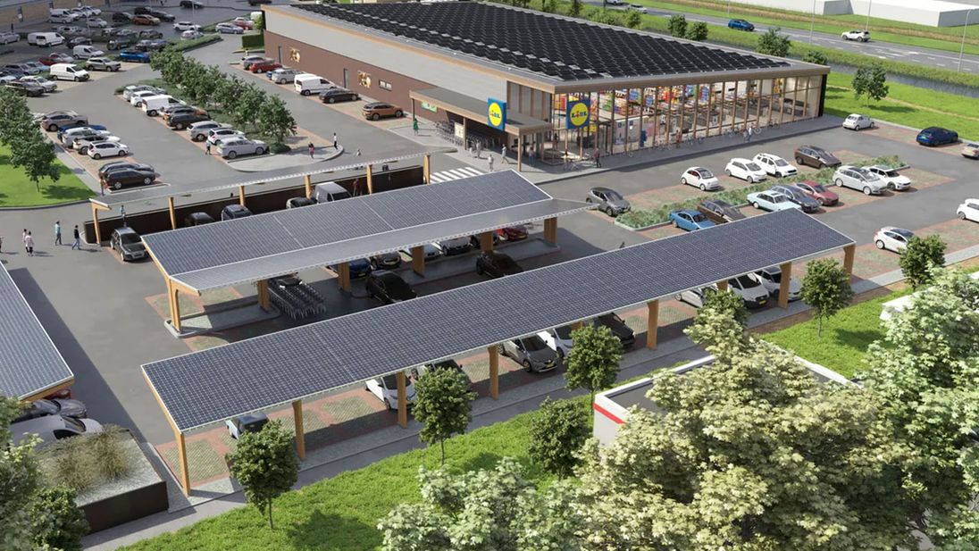 3D visualisatie vande  CO2 neutrale Lidl Zero winkel in Capelle