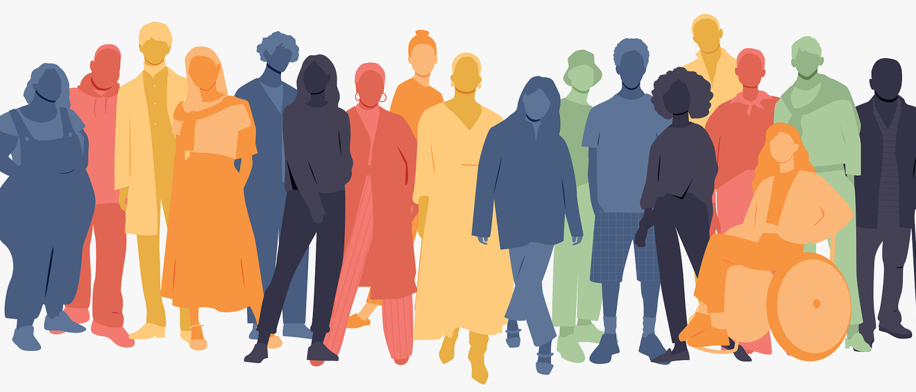 Frise de personnages diverses, silhouettes colorées et anonymes sur fond blanc