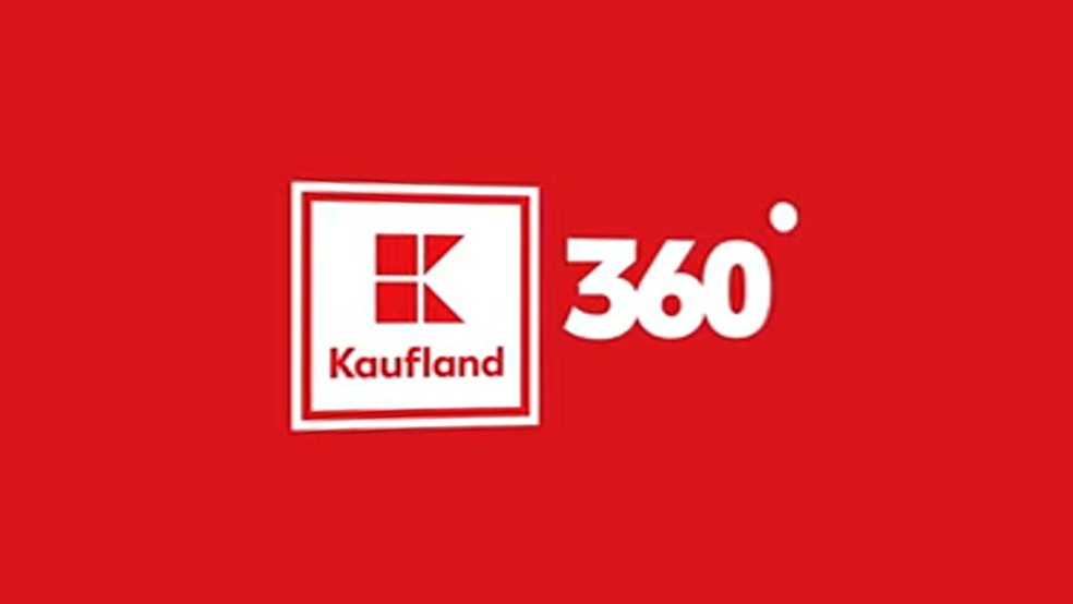 Logo-ul oficial Kaufland însoțit de textul alb „360°”, totul poziționat pe un fundal complet roșu.
