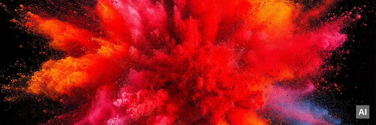 Eine dynamische Explosion aus knalligem rotem, orangefarbenem und pinkem Farbpulver vor dunklem Hintergrund.