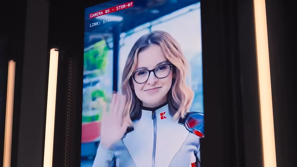 Un ecran digital care afișează avatarul virtual Kari, o tânără cu ochelari și costum futurist, făcând cu mâna.